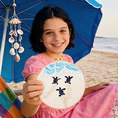 Armindou Embroidery Kit for Beginner Adults, Stamped Cross Stitch kits for Adults Beginners, Ocean Hand Embroidery Starter Needlepoint Kit, 2 Set Embroidery Supplies, 2 Hoops (Attached Teaching Video QR Code) - Image 5