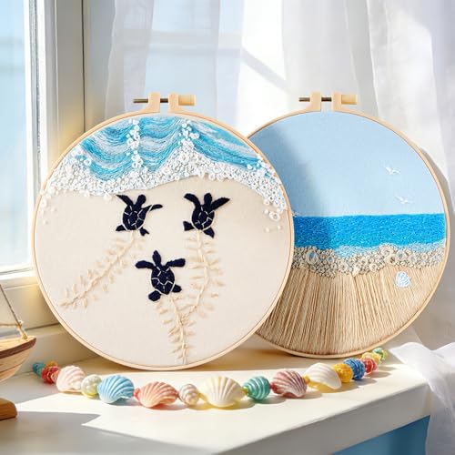 Armindou Embroidery Kit for Beginner Adults, Stamped Cross Stitch kits for Adults Beginners, Ocean Hand Embroidery Starter Needlepoint Kit, 2 Set Embroidery Supplies, 2 Hoops (Attached Teaching Video QR Code) - Image 2