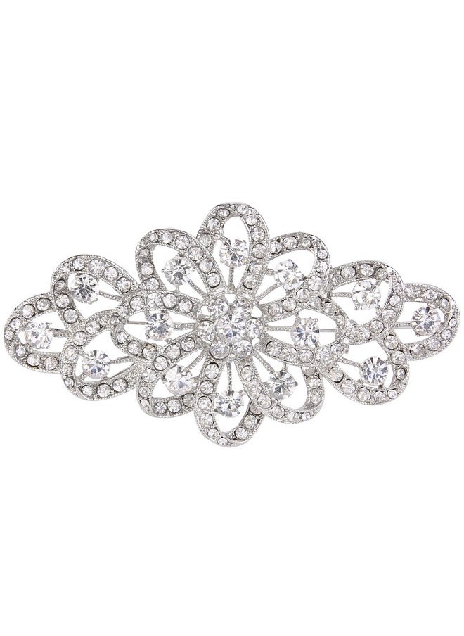 EVER FAITH Austrian Crystal 4 Inch Flower Ribbonbridal Brooch Wedding Accessories For Women Clear Silver-Tone  - Image 1