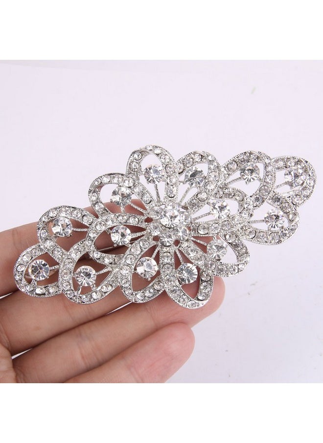 EVER FAITH Austrian Crystal 4 Inch Flower Ribbonbridal Brooch Wedding Accessories For Women Clear Silver-Tone  - Image 2