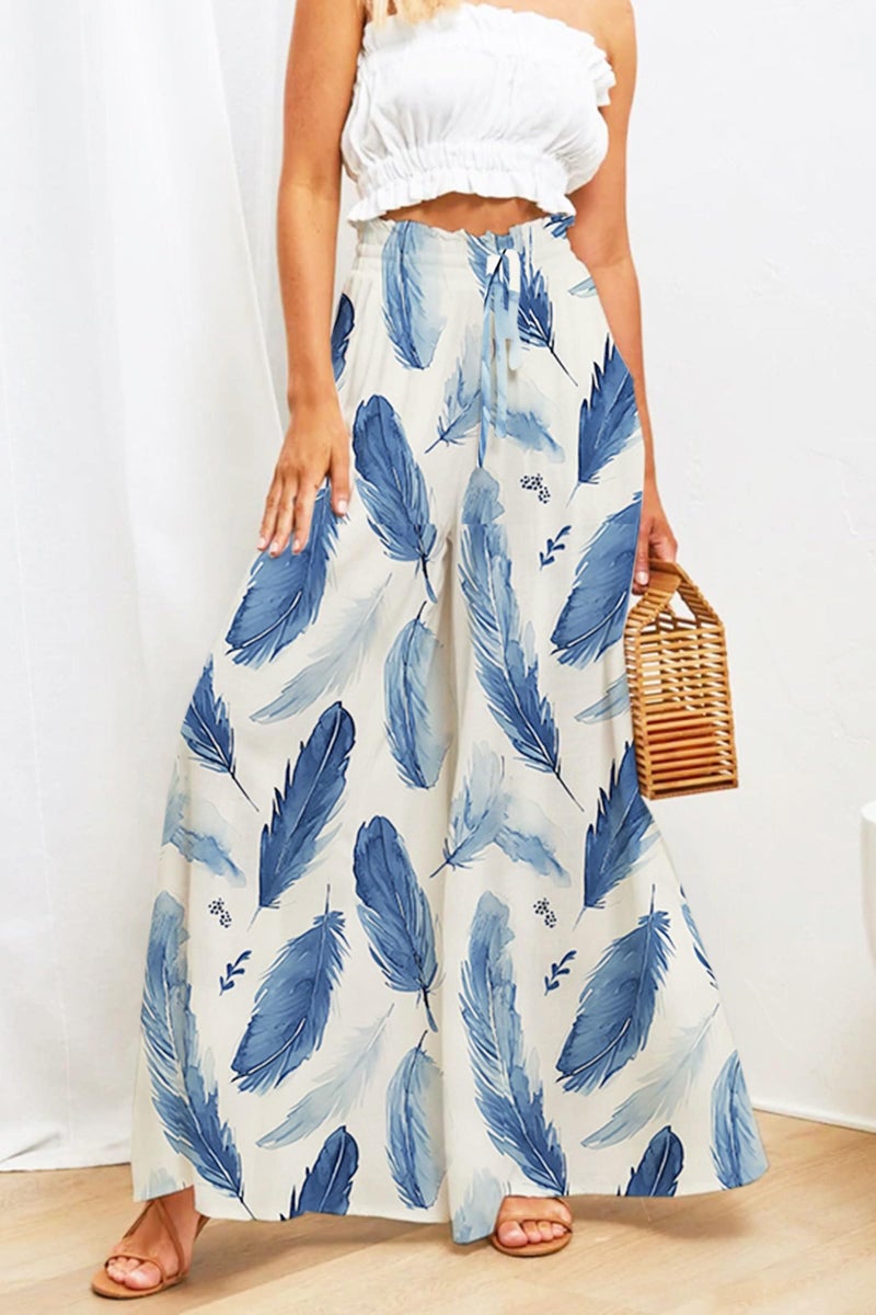 YOCUR Beach Vacation Summer Bell Bottom Pants for Women High Waisted Fashion Printed Loose Flowy Lightweight Palazzo Lounge Trousers Feather Printing M - Image 3