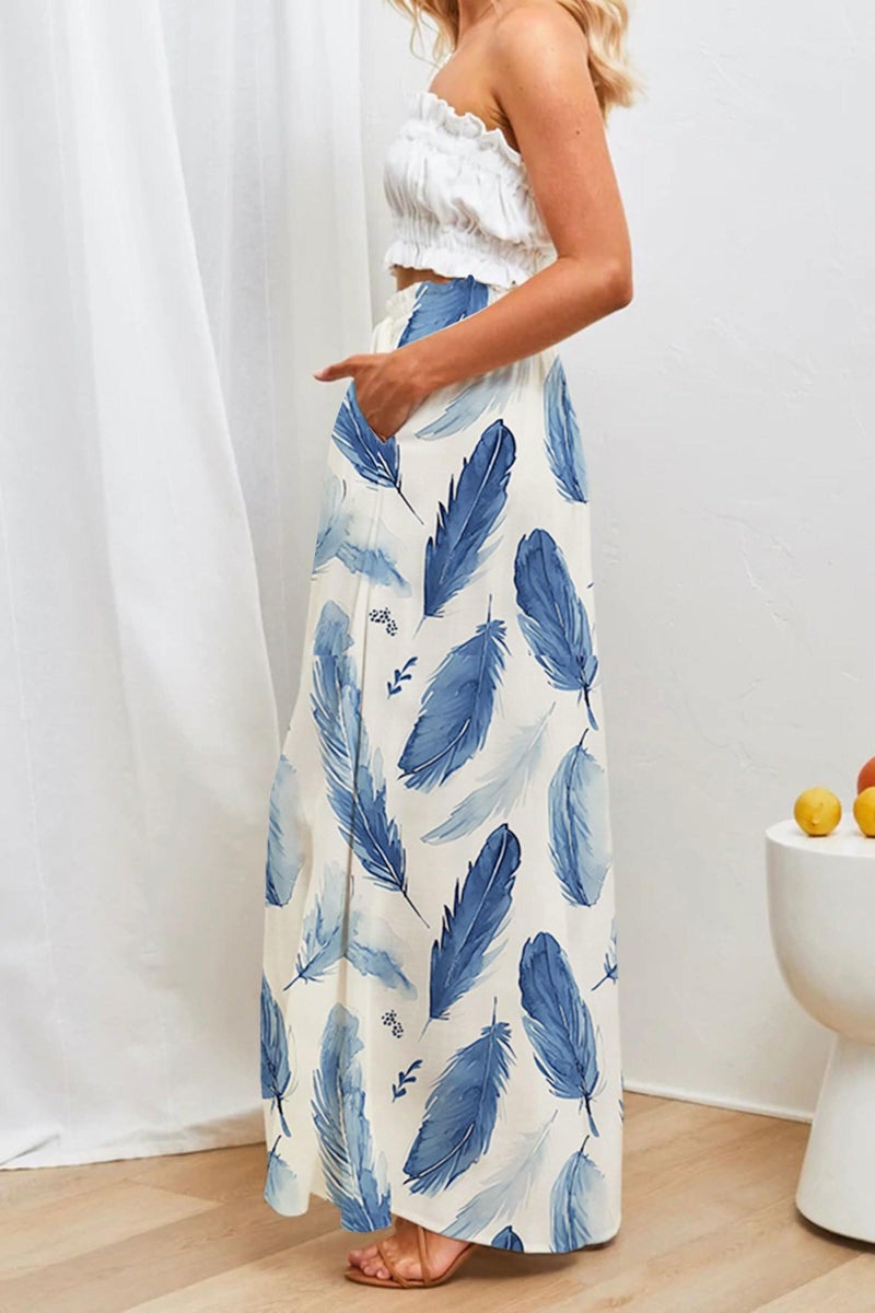 YOCUR Beach Vacation Summer Bell Bottom Pants for Women High Waisted Fashion Printed Loose Flowy Lightweight Palazzo Lounge Trousers Feather Printing M - Image 4
