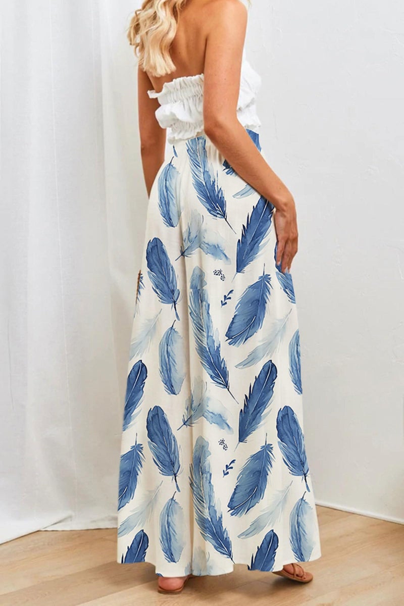 YOCUR Beach Vacation Summer Bell Bottom Pants for Women High Waisted Fashion Printed Loose Flowy Lightweight Palazzo Lounge Trousers Feather Printing M - Image 2