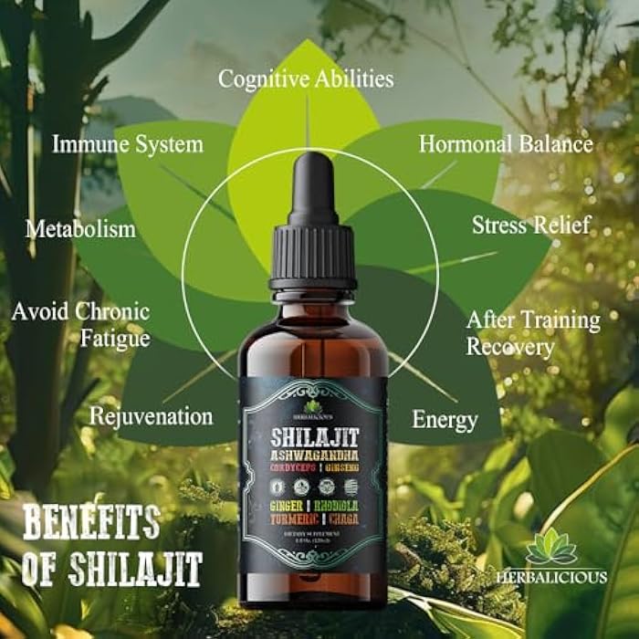 HERBALICIOUS Shilajit Liquid Supplement with Ashwagandha, Cordyceps, Ginseng, Rhodiola, Turmeric, Chaga & Ginger – 8-in-1 Adaptogenic Herbal Drops for Energy, Stress Relief, Focus & Immune Support 4 fl oz - Image 3