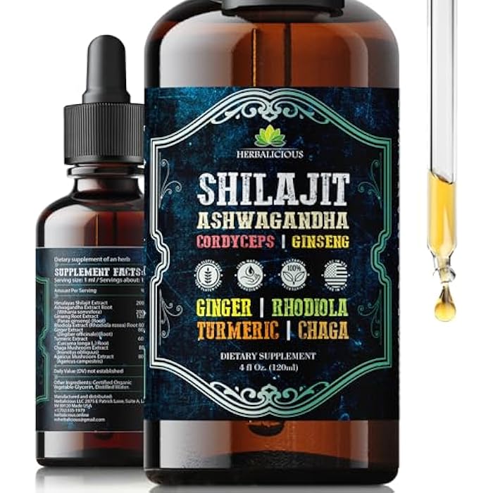 HERBALICIOUS Shilajit Liquid Supplement with Ashwagandha, Cordyceps, Ginseng, Rhodiola, Turmeric, Chaga & Ginger – 8-in-1 Adaptogenic Herbal Drops for Energy, Stress Relief, Focus & Immune Support 4 fl oz - Image 1