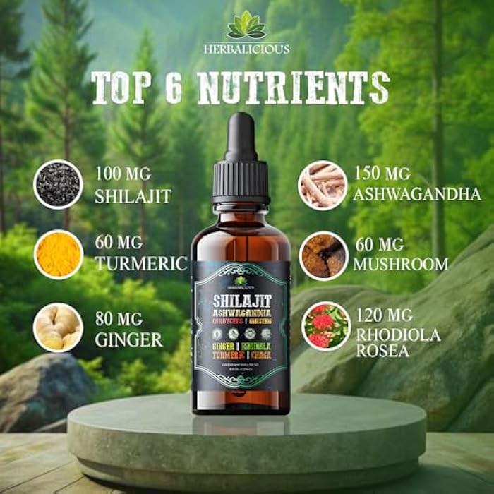 HERBALICIOUS Shilajit Liquid Supplement with Ashwagandha, Cordyceps, Ginseng, Rhodiola, Turmeric, Chaga & Ginger – 8-in-1 Adaptogenic Herbal Drops for Energy, Stress Relief, Focus & Immune Support 4 fl oz - Image 2