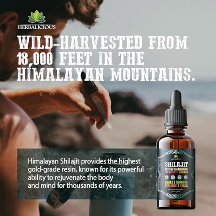 HERBALICIOUS Shilajit Liquid Supplement with Ashwagandha, Cordyceps, Ginseng, Rhodiola, Turmeric, Chaga & Ginger – 8-in-1 Adaptogenic Herbal Drops for Energy, Stress Relief, Focus & Immune Support 4 fl oz - Image 4