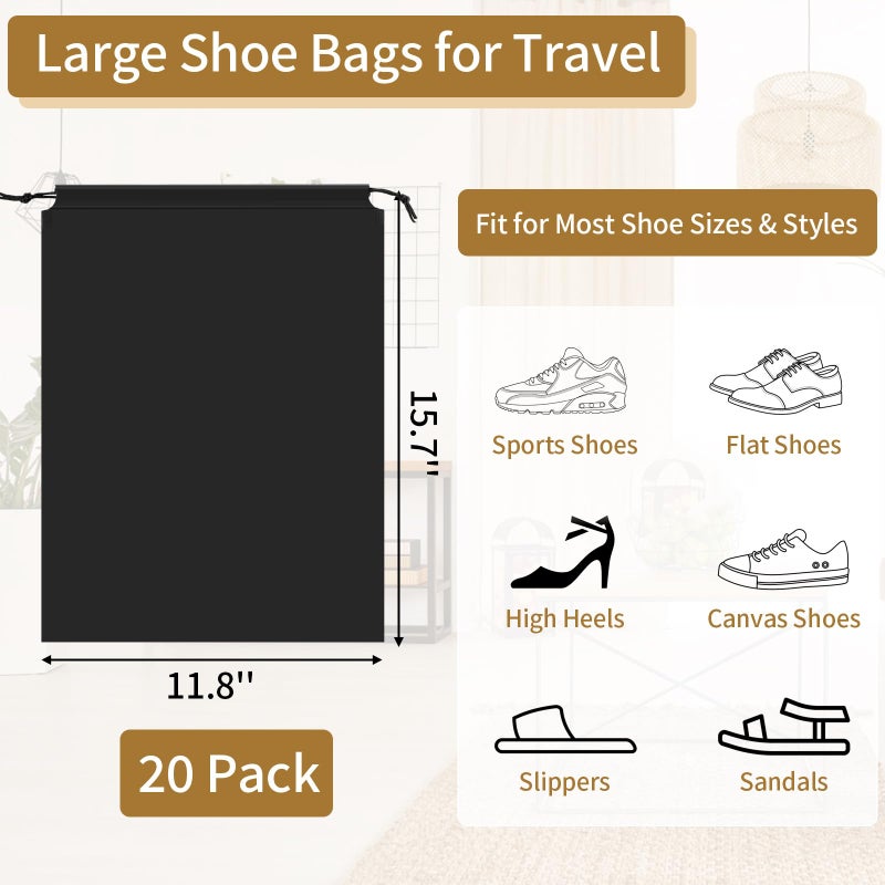 COIDEA 20 Pack Black Shoe Bags for Travel, 15.7" x 11.8", Waterproof Portable Drawstring Travel Shoe Storage Bags - Image 2