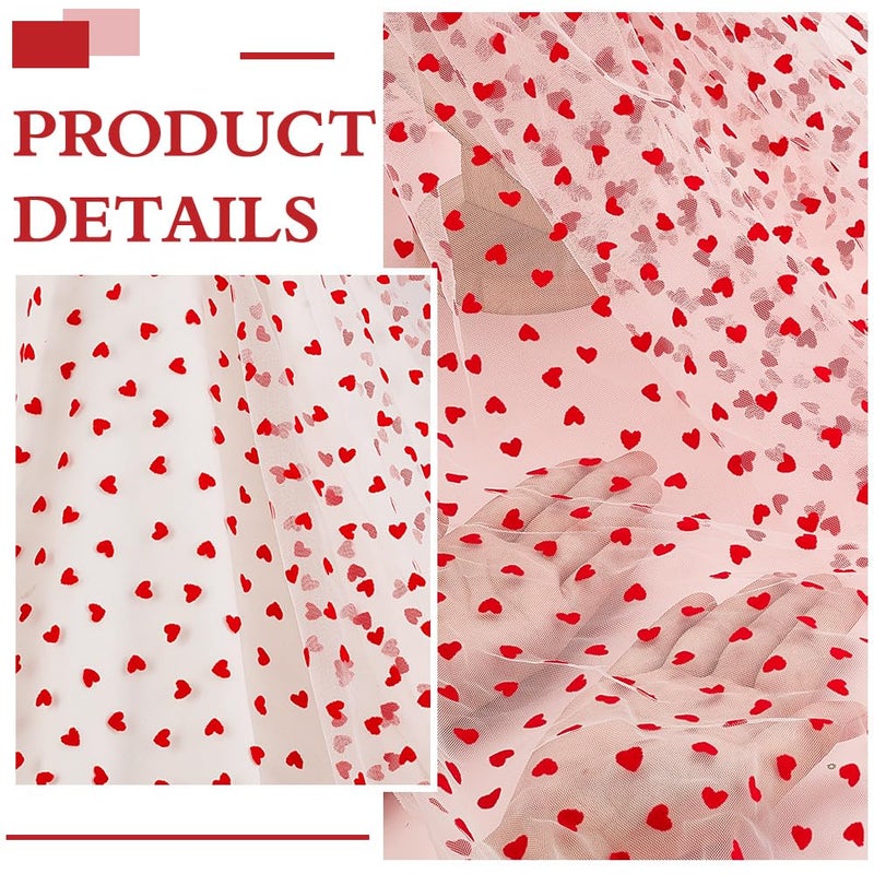 MAYJOYDIY 2 YardsÃ—63inch Red Flocking Heart White Lace Mesh Fabric Lightweight Tulle Lovely Velvet Heart Lace Trim Fabric for DIY Wedding Tutu Valentine Decor Craft Accessories - Image 5