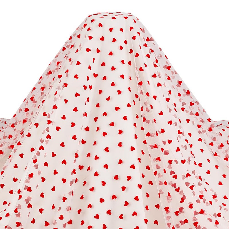 MAYJOYDIY 2 YardsÃ—63inch Red Flocking Heart White Lace Mesh Fabric Lightweight Tulle Lovely Velvet Heart Lace Trim Fabric for DIY Wedding Tutu Valentine Decor Craft Accessories - Image 1