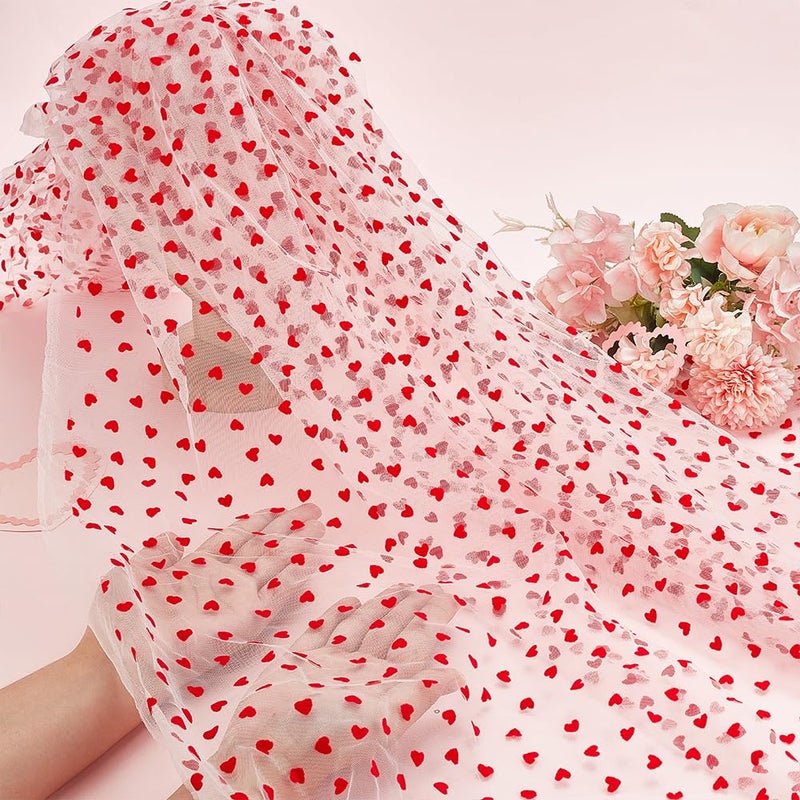 MAYJOYDIY 2 YardsÃ—63inch Red Flocking Heart White Lace Mesh Fabric Lightweight Tulle Lovely Velvet Heart Lace Trim Fabric for DIY Wedding Tutu Valentine Decor Craft Accessories - Image 3