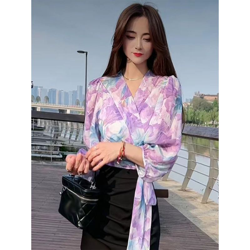 European V-neck strap floral slimming shirt summer new foreign-style high-end chic thin outer long sleeve top