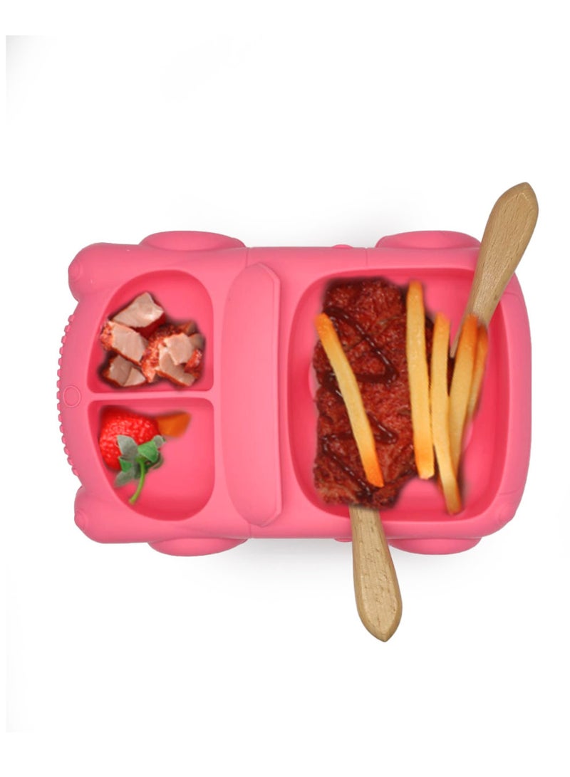 Twisoo Car Design Silicone Suction Baby Food Plate, BPA-Free, Divided Toddler Feeding Dish & Bowl Set with Wooden Spoons, Easy to Clean, Pink - Image 1
