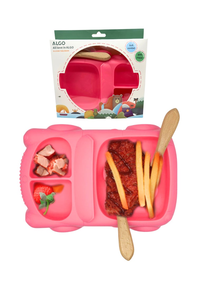 Twisoo Car Design Silicone Suction Baby Food Plate, BPA-Free, Divided Toddler Feeding Dish & Bowl Set with Wooden Spoons, Easy to Clean, Pink - Image 2