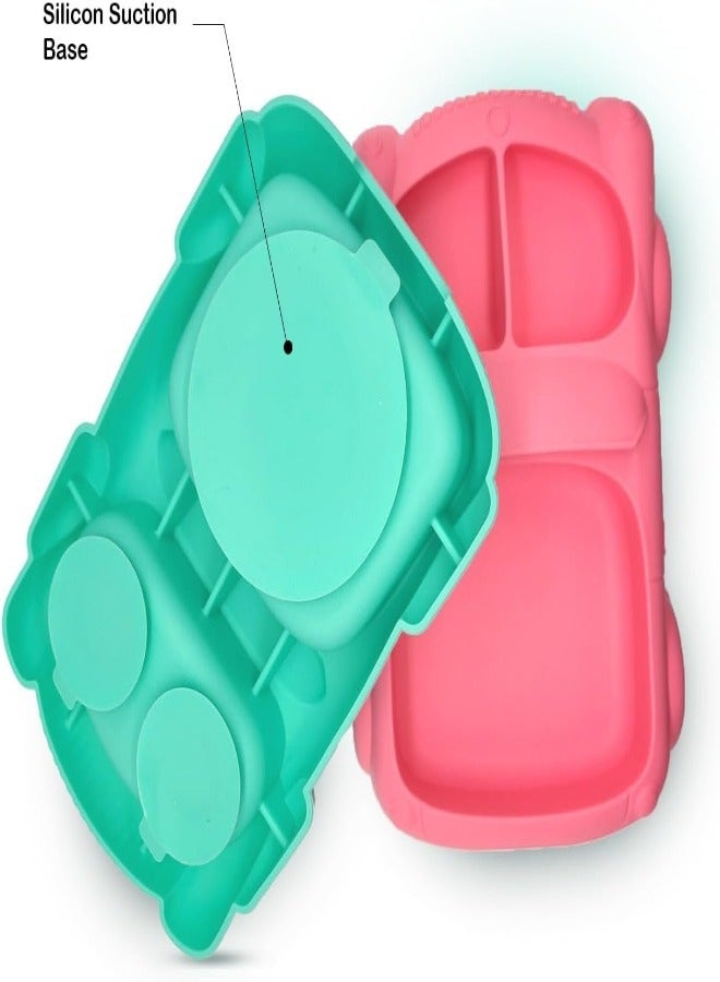 Twisoo Car Design Silicone Suction Baby Food Plate, BPA-Free, Divided Toddler Feeding Dish & Bowl Set with Wooden Spoons, Easy to Clean, Pink - Image 4