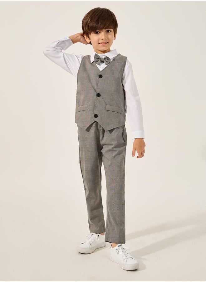 Styli Solid Long Sleeves Shirt, Checked Waistcoat and Pants Set with Bow Tie  - Image 1