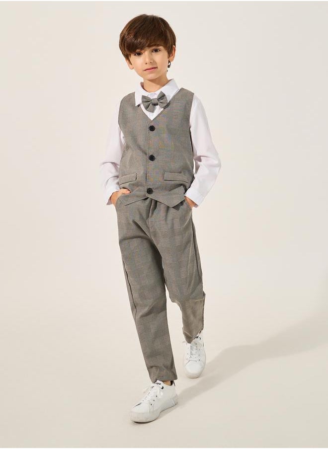 Styli Solid Long Sleeves Shirt, Checked Waistcoat and Pants Set with Bow Tie  - Image 2