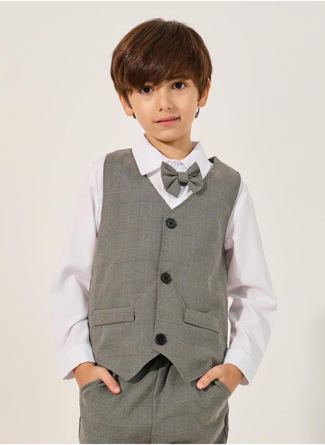 Styli Solid Long Sleeves Shirt, Checked Waistcoat and Pants Set with Bow Tie  - Image 3