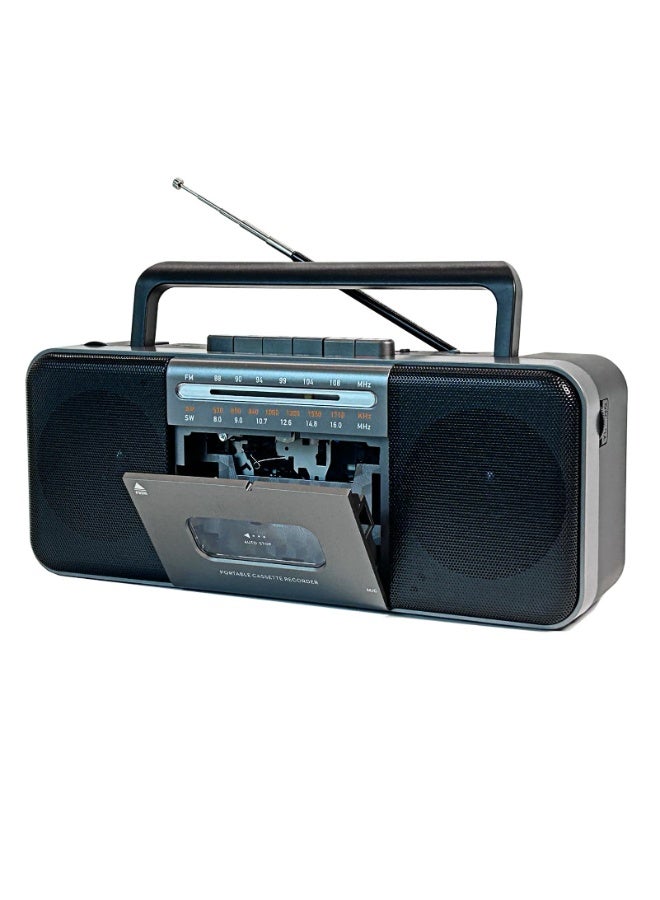 والالا مشغل شرائط كاسيت محمول، راديو AM/FM/SW مزود ببلوتوث، USB/SD، مكبر صوت كبير بقوة 10 وات، تسجيل على شريط كاسيت/قرص U/بطاقة SD عبر الميكروفون، محول MP3، مقبس سماعة رأس، يعمل بالتيار المتردد/المستمر - Image 1