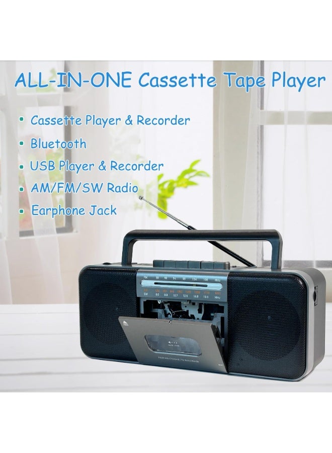 والالا مشغل شرائط كاسيت محمول، راديو AM/FM/SW مزود ببلوتوث، USB/SD، مكبر صوت كبير بقوة 10 وات، تسجيل على شريط كاسيت/قرص U/بطاقة SD عبر الميكروفون، محول MP3، مقبس سماعة رأس، يعمل بالتيار المتردد/المستمر - Image 2