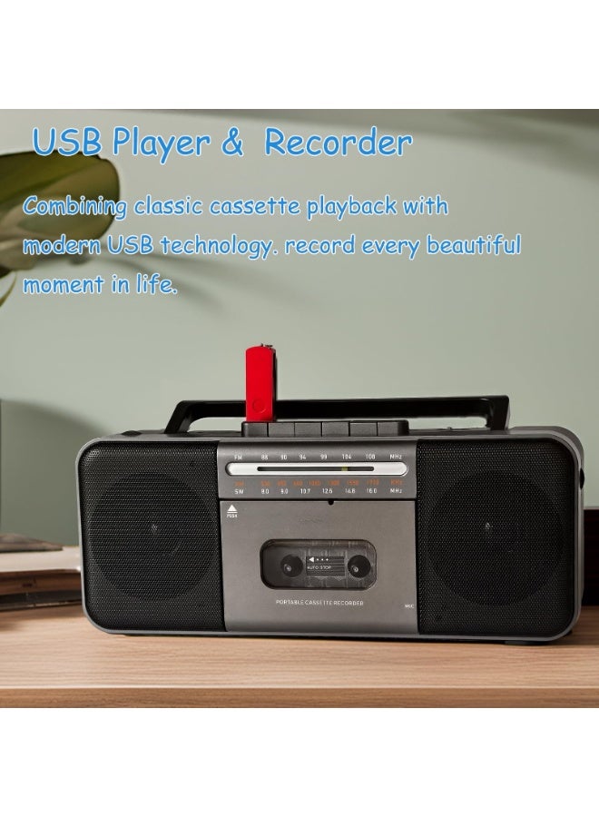 والالا مشغل شرائط كاسيت محمول، راديو AM/FM/SW مزود ببلوتوث، USB/SD، مكبر صوت كبير بقوة 10 وات، تسجيل على شريط كاسيت/قرص U/بطاقة SD عبر الميكروفون، محول MP3، مقبس سماعة رأس، يعمل بالتيار المتردد/المستمر - Image 5