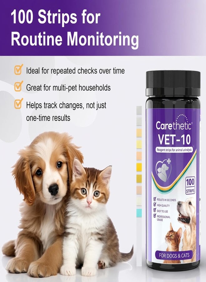 Carethetic Pet Urine Test Strips for Dogs & Cats, 10-Parameter Urinalysis Test Kit, 100 Reagent Strips for At-Home Urine Health Screening, Fast Results, Easy to Use - Image 2