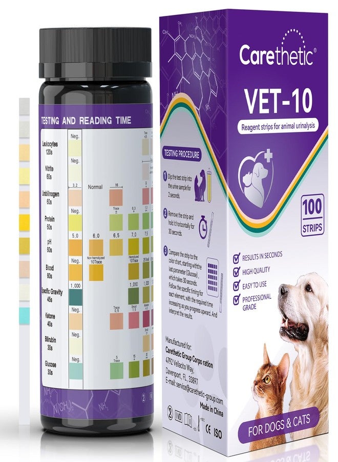 Carethetic Pet Urine Test Strips for Dogs & Cats, 10-Parameter Urinalysis Test Kit, 100 Reagent Strips for At-Home Urine Health Screening, Fast Results, Easy to Use - Image 1