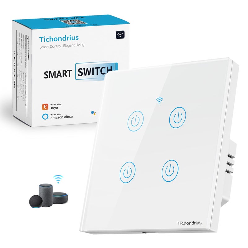 Tichondrius WiFi Smart Switch, Smart Touch Light Switch work with Tuya Smart APP, WiFi & Voice Control, Alexa/Google Home Compatible, Easy Installation.(4 white) - Image 1