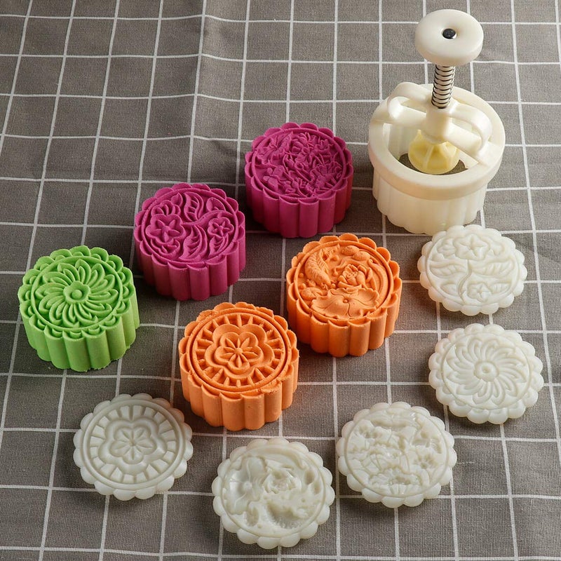 Dltsli 150g 5pcs Cookie Stamps Moon Cake Mold Thickness Adjustable Christmas Cookie Press DIY Decoration Hand Press Cutter Cake Mold 