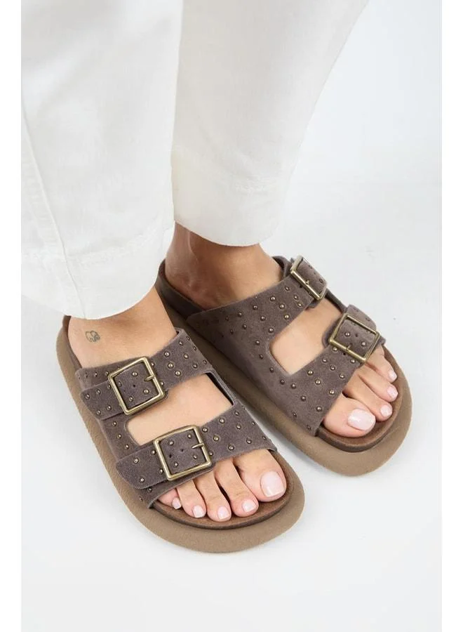 Manijero  (Sude) Women's Genuine Leather Double Buckle T‑strap Light Coffee Sandals. for Women | Best Price UAE