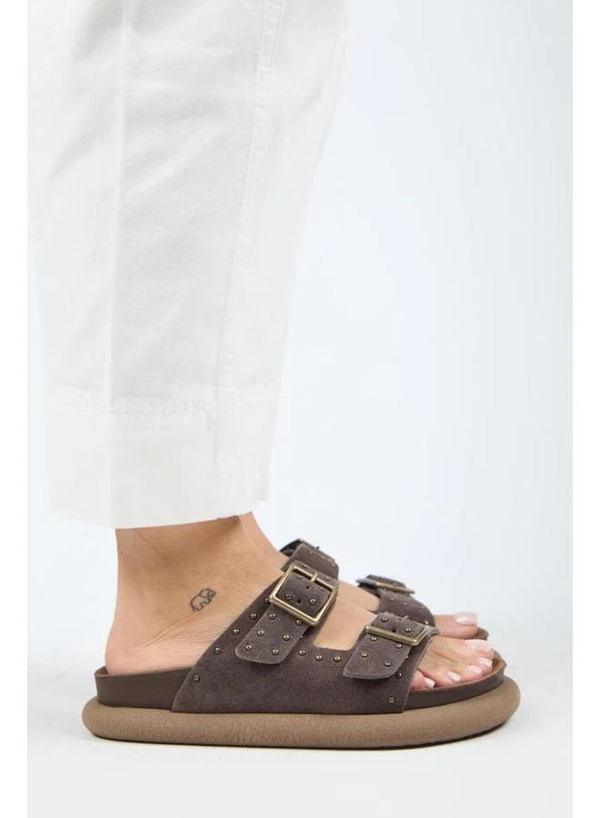 Manijero  (Sude) Women's Genuine Leather Double Buckle T‑strap Light Coffee Sandals. for Women | Best Price UAE