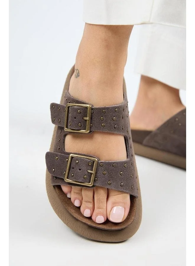 (Sude) Women's Genuine Leather Double Buckle T‑strap Light Coffee Sandals.