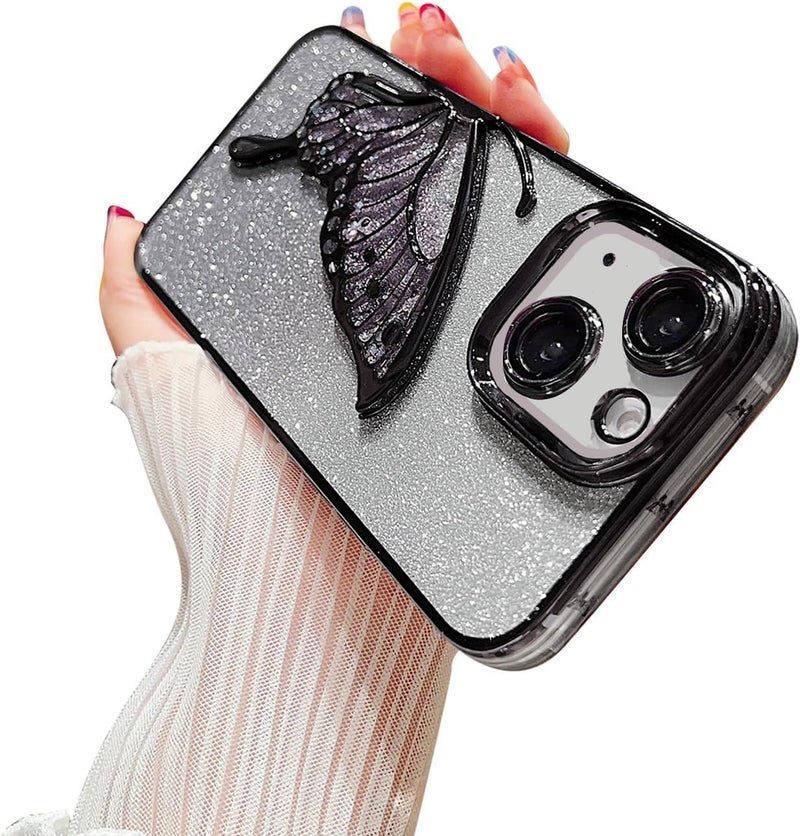 mobistyle Designed for iPhone 14 Plus Cover with Glitter Cute Butterfly Electroplating Design Back Cover Case for Women Teen Girls (Black) - Image 2