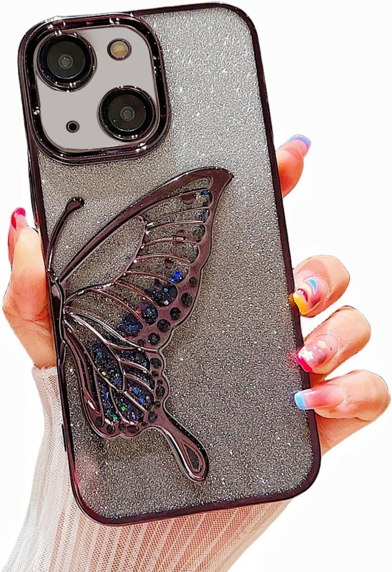 mobistyle Designed for iPhone 14 Plus Cover with Glitter Cute Butterfly Electroplating Design Back Cover Case for Women Teen Girls (Black) - Image 1