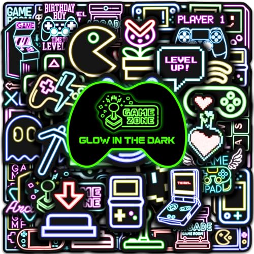 Robmoda 51 Pcs Neon Game Stickers for Kids Glow in The Dark Gamer Inspirational Sticker for Water Bottle Vinyl Waterproof Laptop Decals for Teens Girls Boys Students Adults Sticker Pack - Image 1