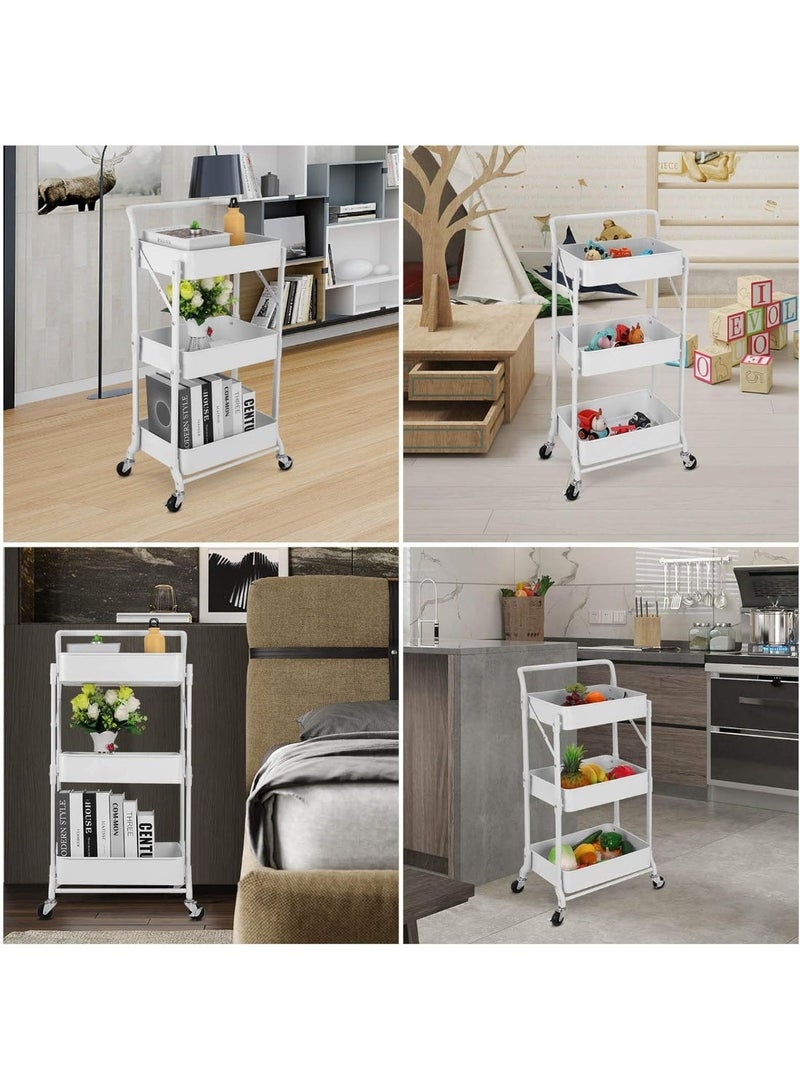 rayze Foldable Rolling Storage Cart 3 Tiers Multi-purpose Cart with Wheels No Assembly Required, White Metal Storage Cart for Kitchen Pantry, Bathroom, Dormitory with Hanging Cup, Heavy Duty Mobile Folding Cart (White) - Image 5