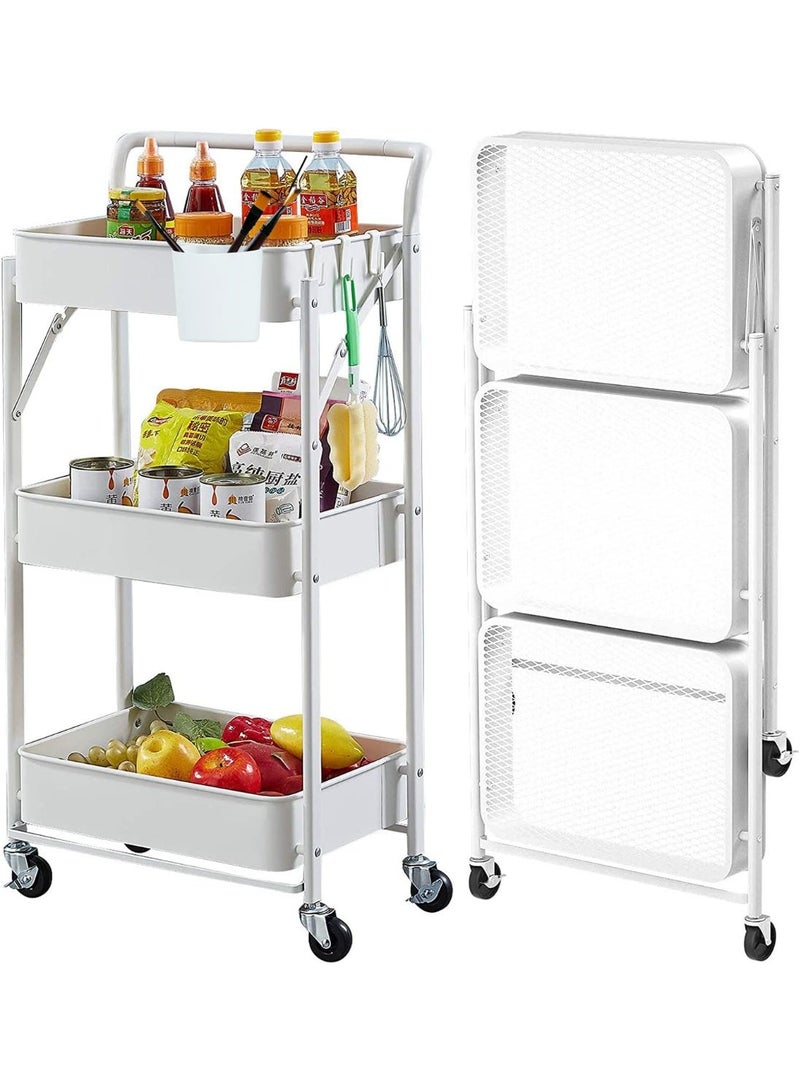 rayze Foldable Rolling Storage Cart 3 Tiers Multi-purpose Cart with Wheels No Assembly Required, White Metal Storage Cart for Kitchen Pantry, Bathroom, Dormitory with Hanging Cup, Heavy Duty Mobile Folding Cart (White) - Image 1