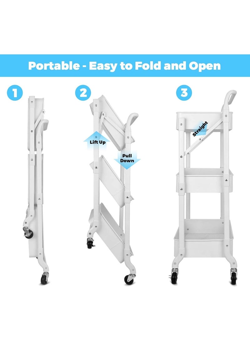 rayze Foldable Rolling Storage Cart 3 Tiers Multi-purpose Cart with Wheels No Assembly Required, White Metal Storage Cart for Kitchen Pantry, Bathroom, Dormitory with Hanging Cup, Heavy Duty Mobile Folding Cart (White) - Image 2