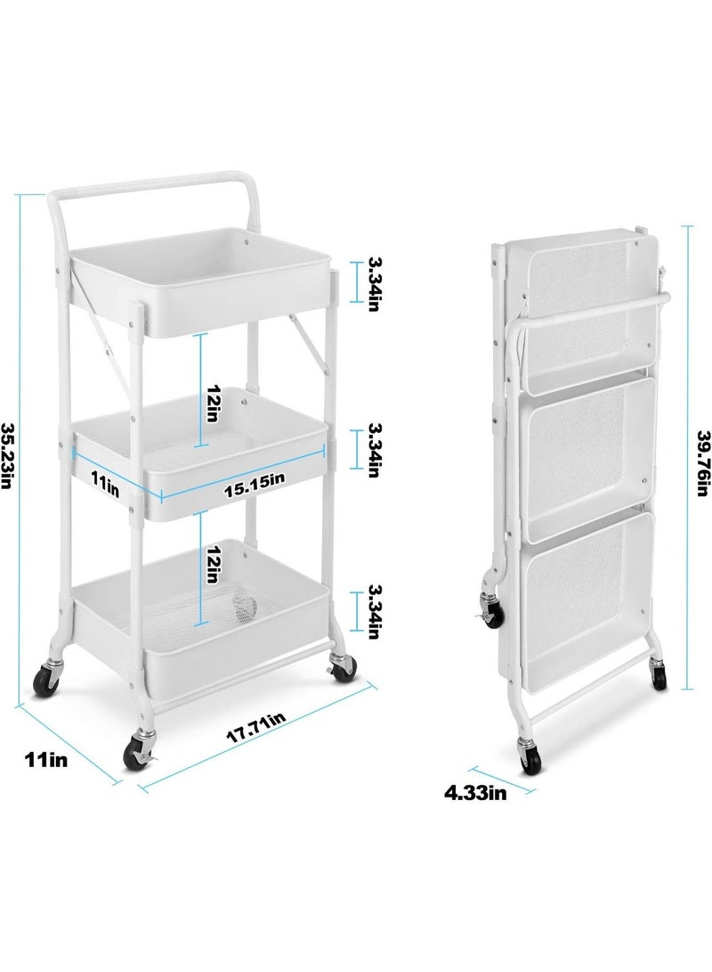 rayze Foldable Rolling Storage Cart 3 Tiers Multi-purpose Cart with Wheels No Assembly Required, White Metal Storage Cart for Kitchen Pantry, Bathroom, Dormitory with Hanging Cup, Heavy Duty Mobile Folding Cart (White) - Image 4