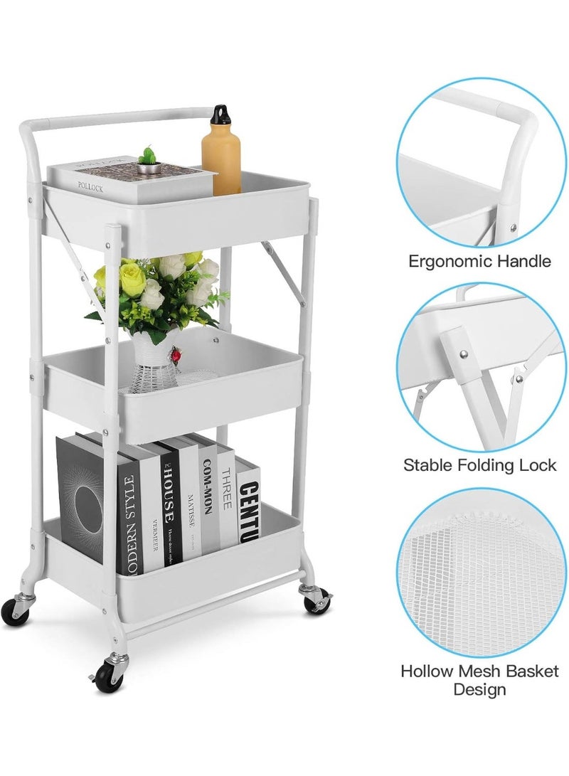 rayze Foldable Rolling Storage Cart 3 Tiers Multi-purpose Cart with Wheels No Assembly Required, White Metal Storage Cart for Kitchen Pantry, Bathroom, Dormitory with Hanging Cup, Heavy Duty Mobile Folding Cart (White) - Image 3