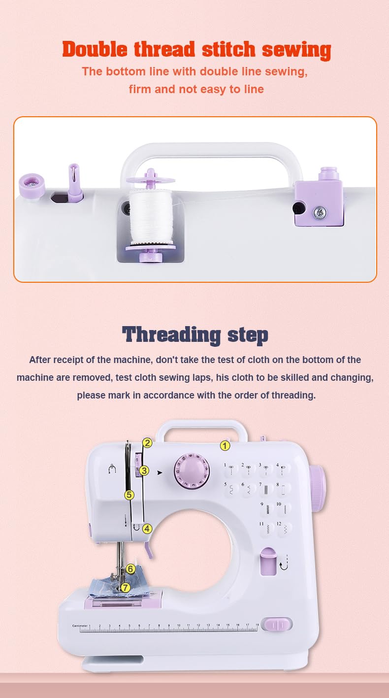 Marirao Sewing Machine for Beginners, Portable Mini Small Sewing Machine with 50 Pcs Fabric and 32 Pcs Sewing Threads Kit, 12 Built-in Stitches 2 Speed with Foot Pedal - Image 2