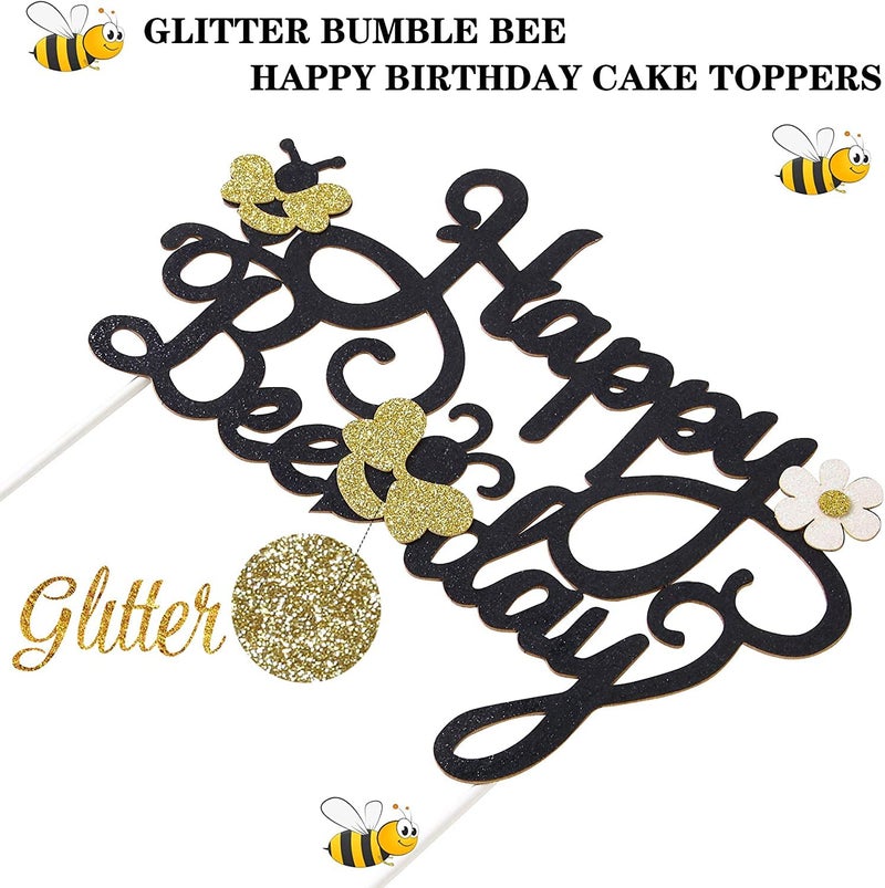 Confetti! Happy Bee Day Cake Topper Decoration for 1st 2nd Birthday Party Baby Shower Glitter Bee Cake Topper Photo Booth Prop Supplies - Image 2