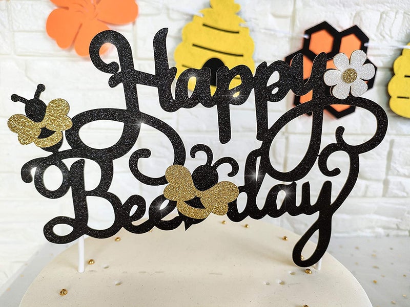 Confetti! Happy Bee Day Cake Topper Decoration for 1st 2nd Birthday Party Baby Shower Glitter Bee Cake Topper Photo Booth Prop Supplies - Image 5