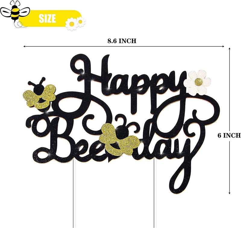 Confetti! Happy Bee Day Cake Topper Decoration for 1st 2nd Birthday Party Baby Shower Glitter Bee Cake Topper Photo Booth Prop Supplies - Image 3