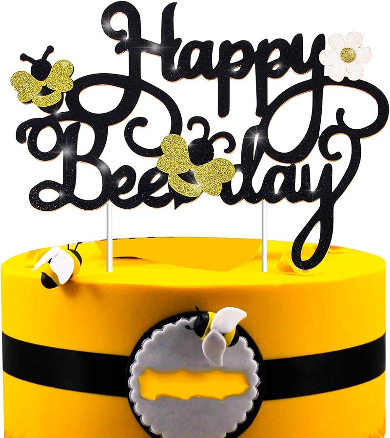 Confetti! Happy Bee Day Cake Topper Decoration for 1st 2nd Birthday Party Baby Shower Glitter Bee Cake Topper Photo Booth Prop Supplies - Image 4