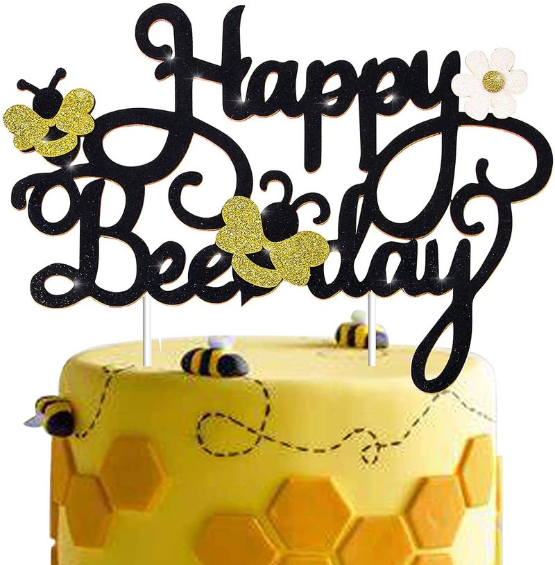 Confetti! Happy Bee Day Cake Topper Decoration for 1st 2nd Birthday Party Baby Shower Glitter Bee Cake Topper Photo Booth Prop Supplies - Image 1