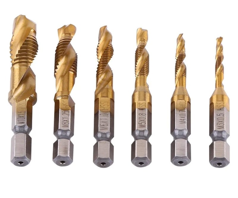 Zglol Hardware Titanium Coated Spiral Drill Bit Set M3 M4 M5 M6 M8 M10 Drill Bit Set, 1/4" Hex DURMIRI Screw - 6 Pieces - Image 1