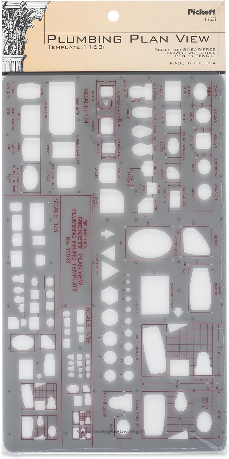 Plumbing Plan View Template, Three Scales: 1/16, 1/8 and 1/4 Inch (1163I)