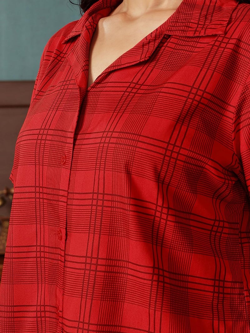 Clovia Women's Cotton Classy Checks Printed Buttond Down Shirt & Pyjama Set (LS0385G04_Red_L) - Image 4