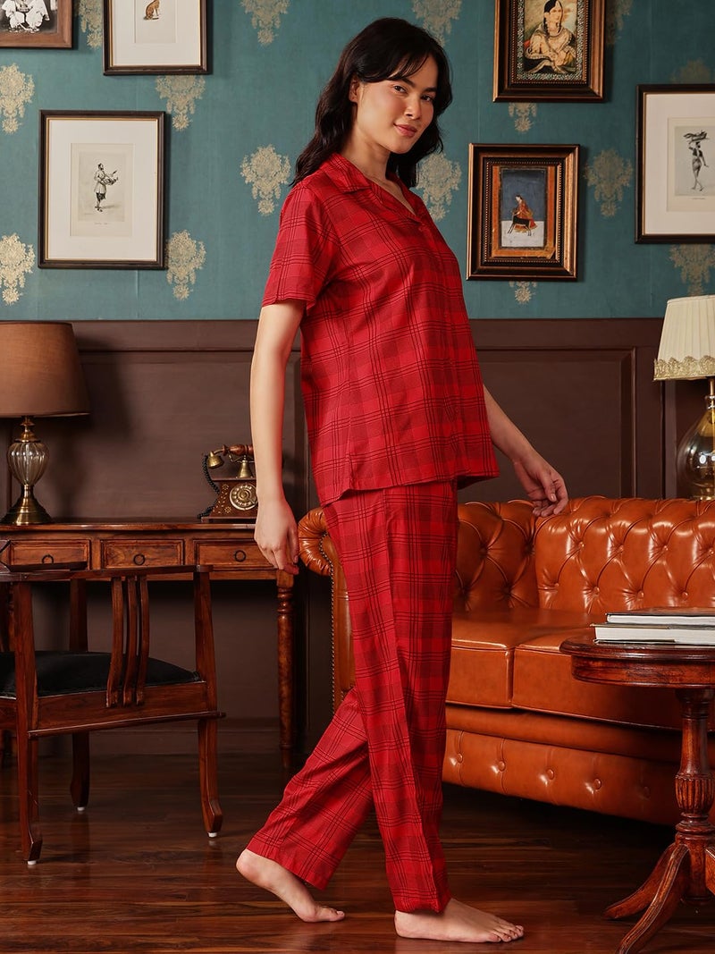 Clovia Women's Cotton Classy Checks Printed Buttond Down Shirt & Pyjama Set (LS0385G04_Red_L) - Image 2